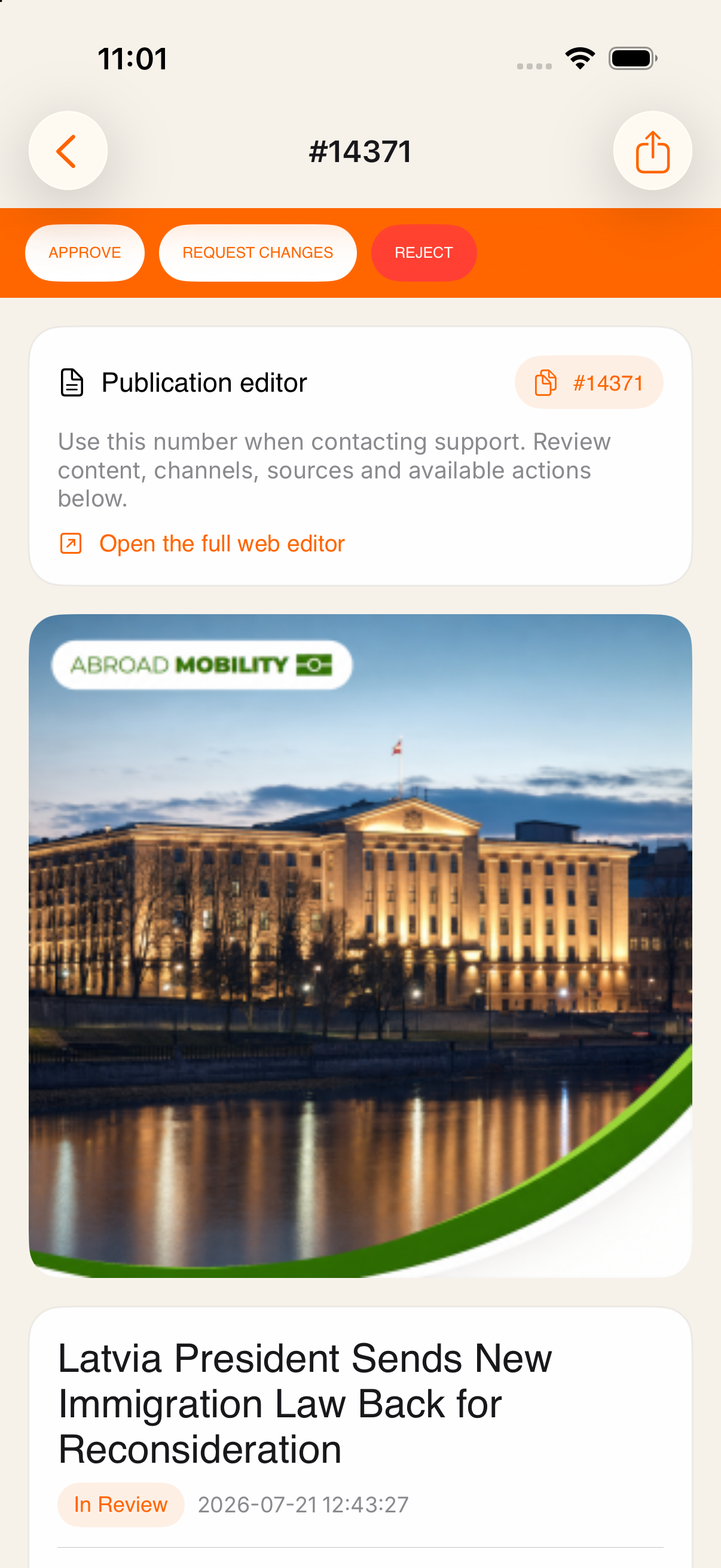 Publication screen with approve, request changes and reject buttons
