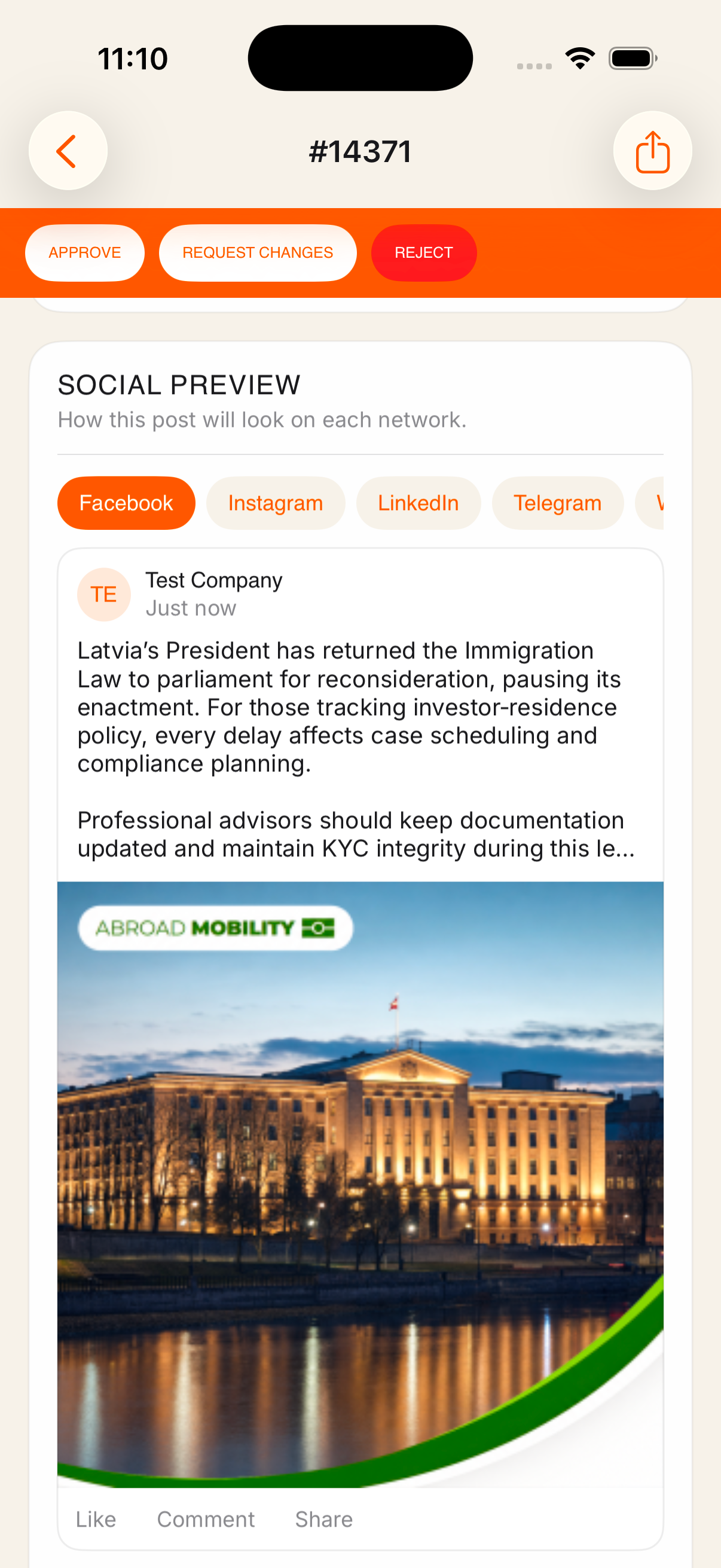 Social preview showing how a post will look on Facebook