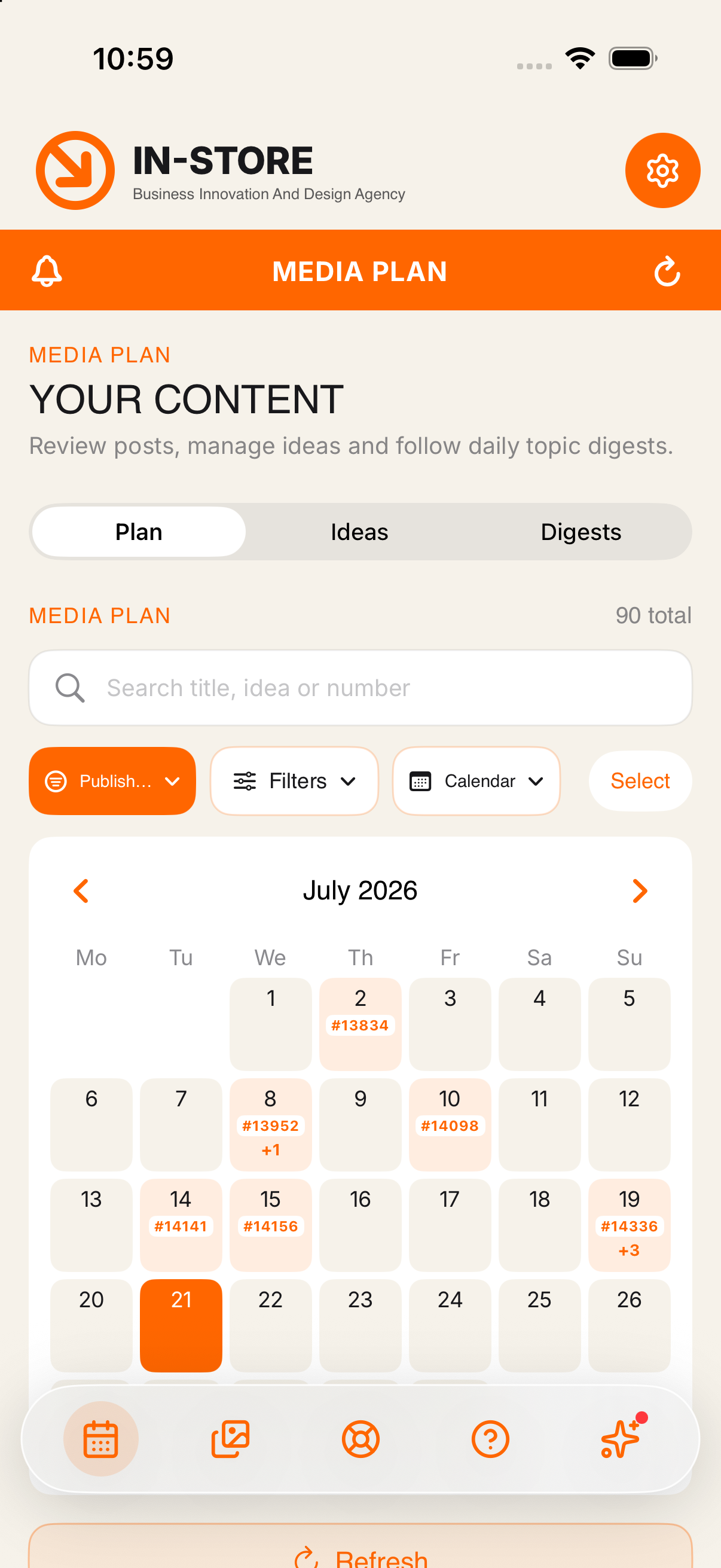 Month calendar view with publications marked on each day