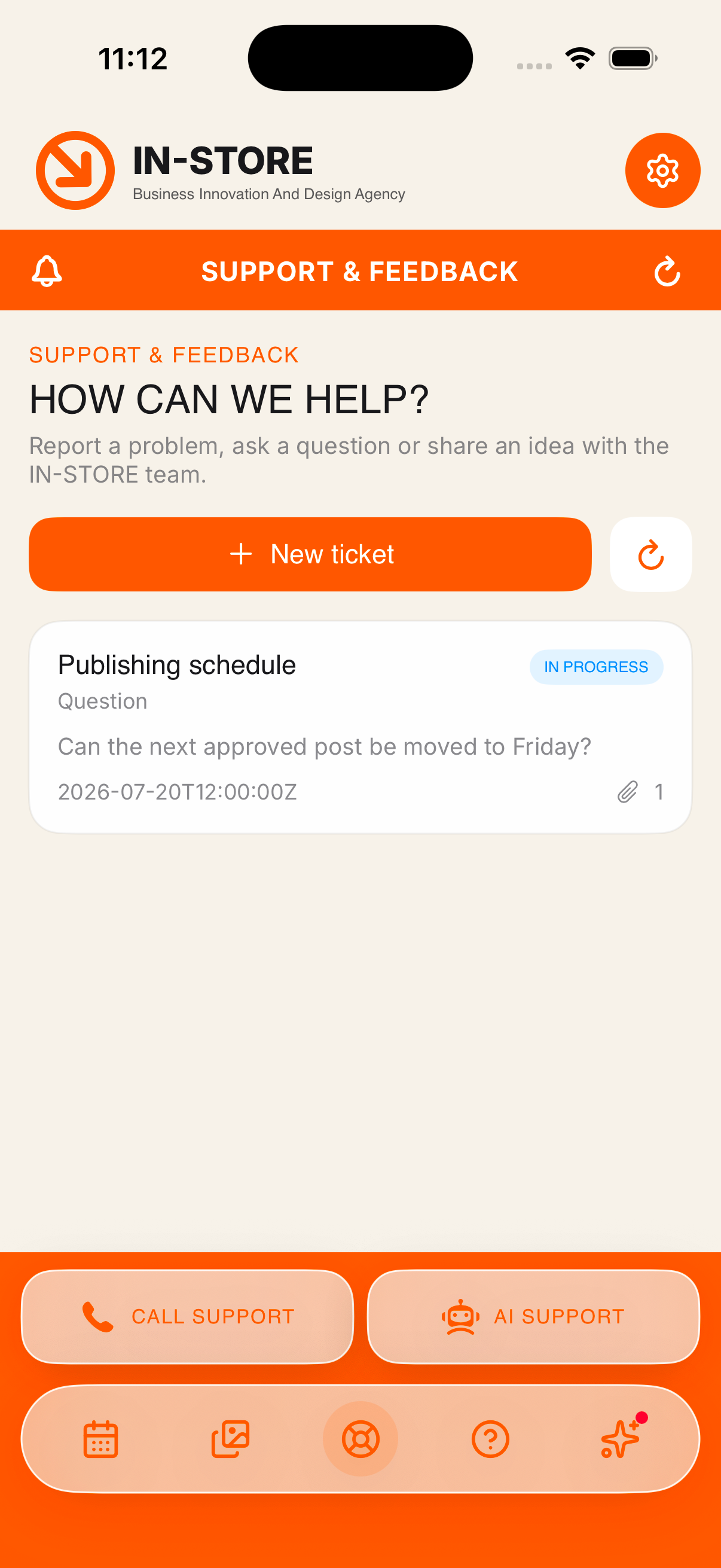 Support screen with tickets, call support and AI support buttons