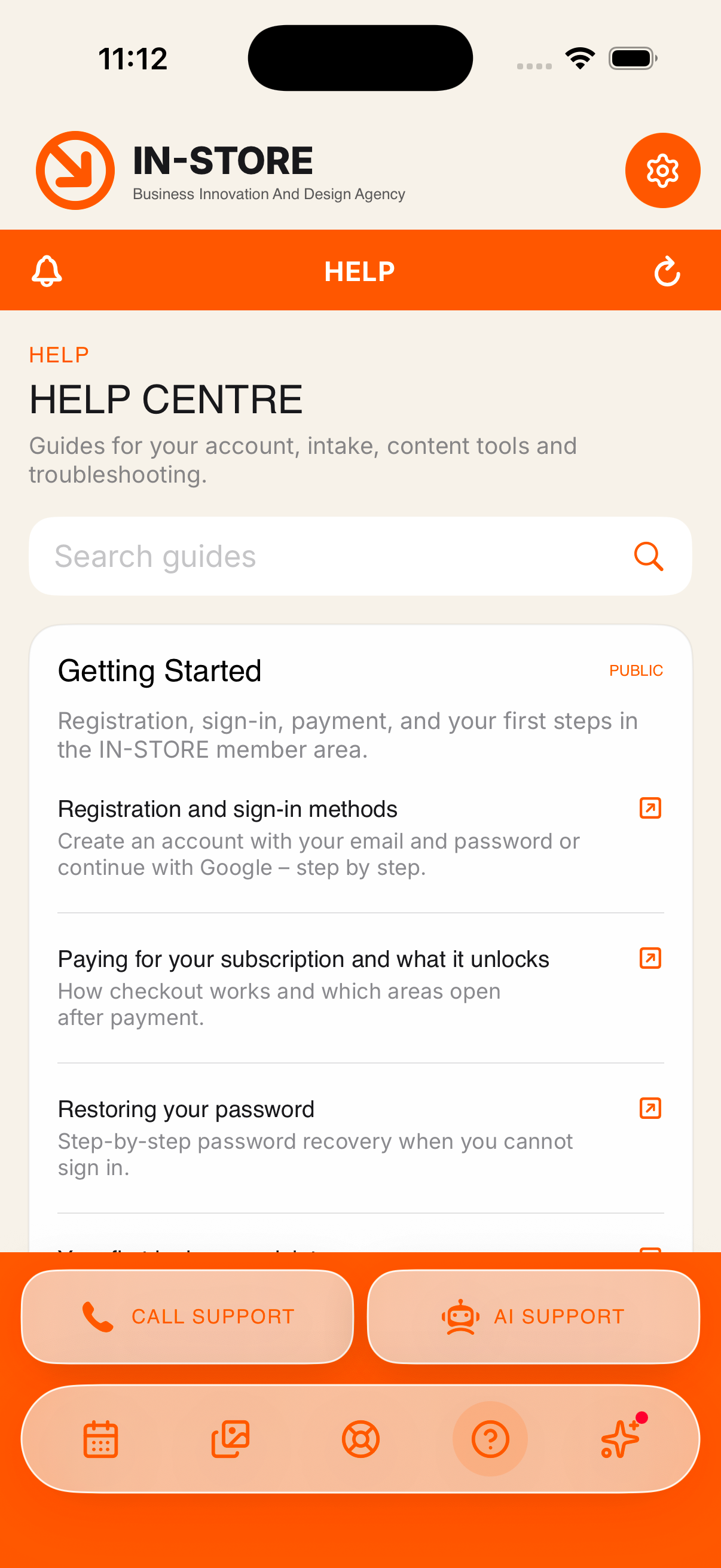 Help Centre screen with guides grouped by category