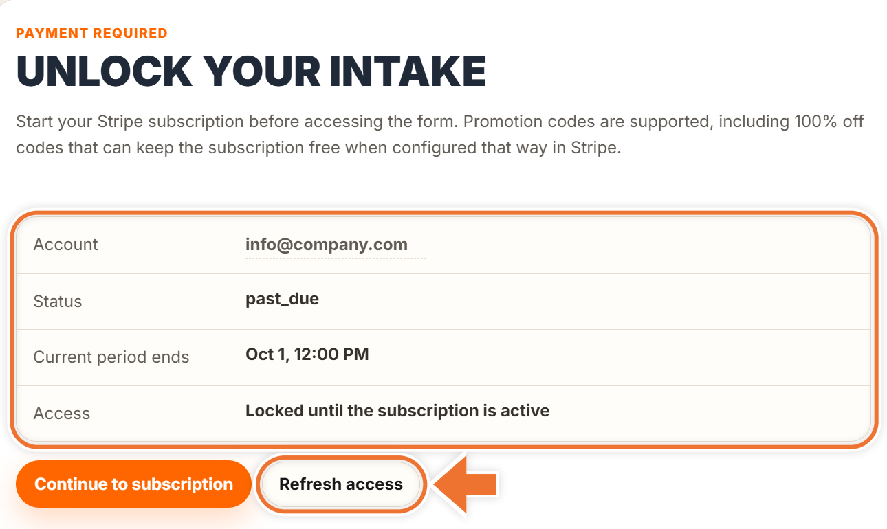 Unlock your intake screen with the status table highlighted and an arrow pointing to the Refresh access button
