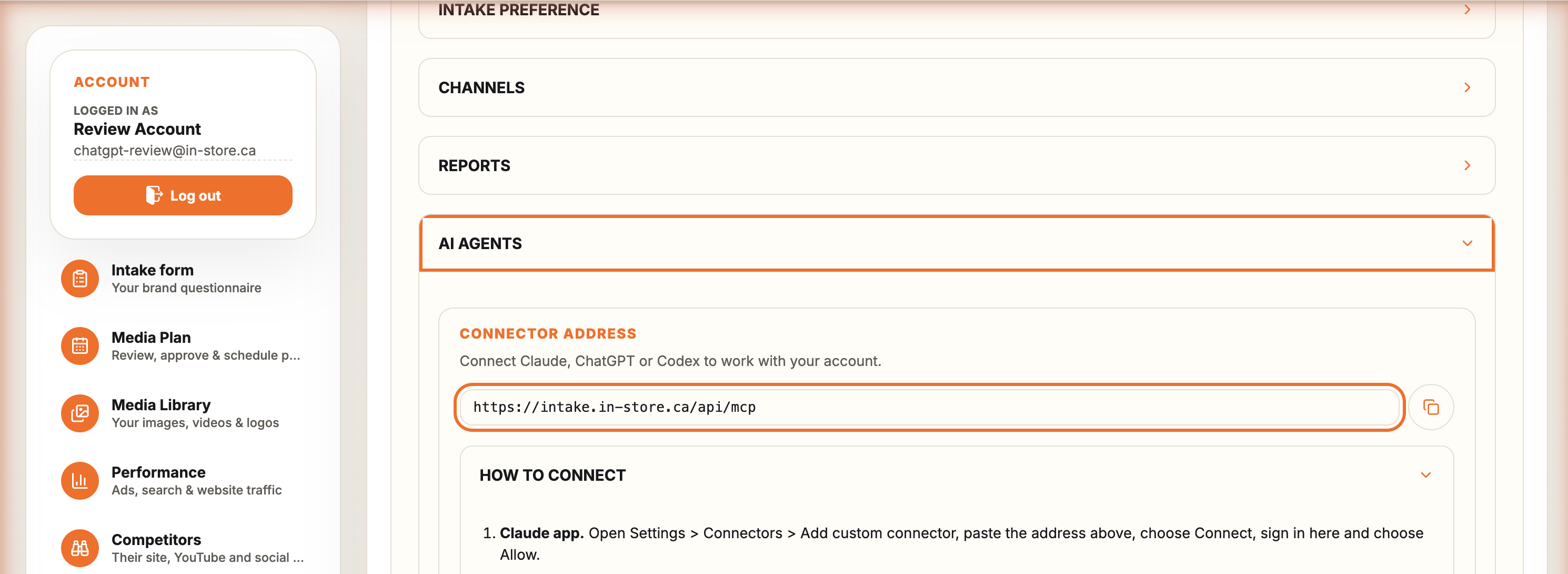Cabinet Settings with the AI agents section expanded and the connector address with its copy button highlighted