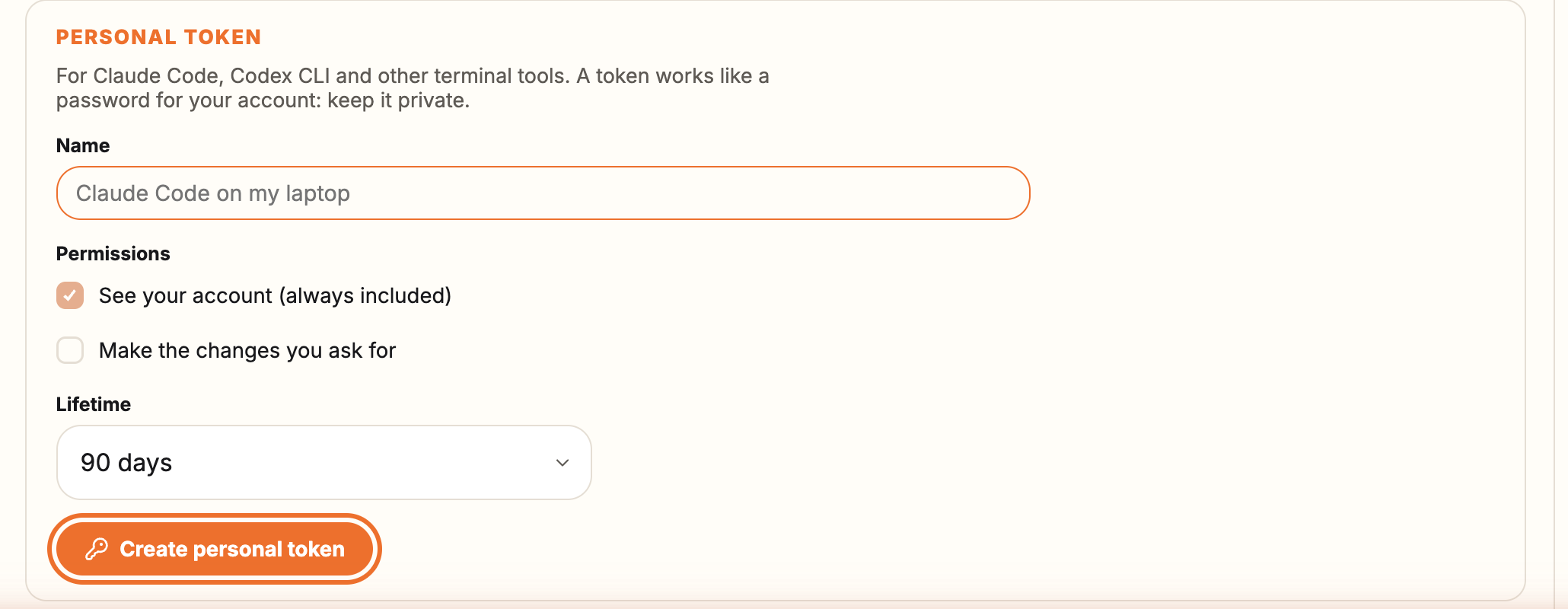 The Personal token form with the name, permissions and lifetime fields, and the "Create personal token" button highlighted