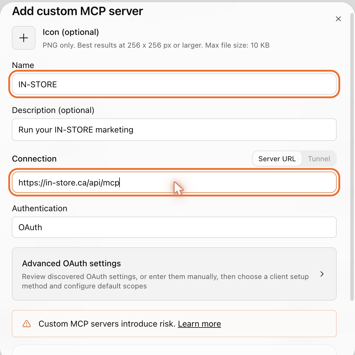 The "Add custom MCP server" window with the name IN-STORE and the server URL https://in-store.ca/api/mcp highlighted, Authentication OAuth