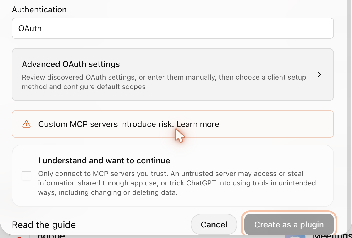 The bottom of the window with "I understand and want to continue" and the "Create as a plugin" button highlighted