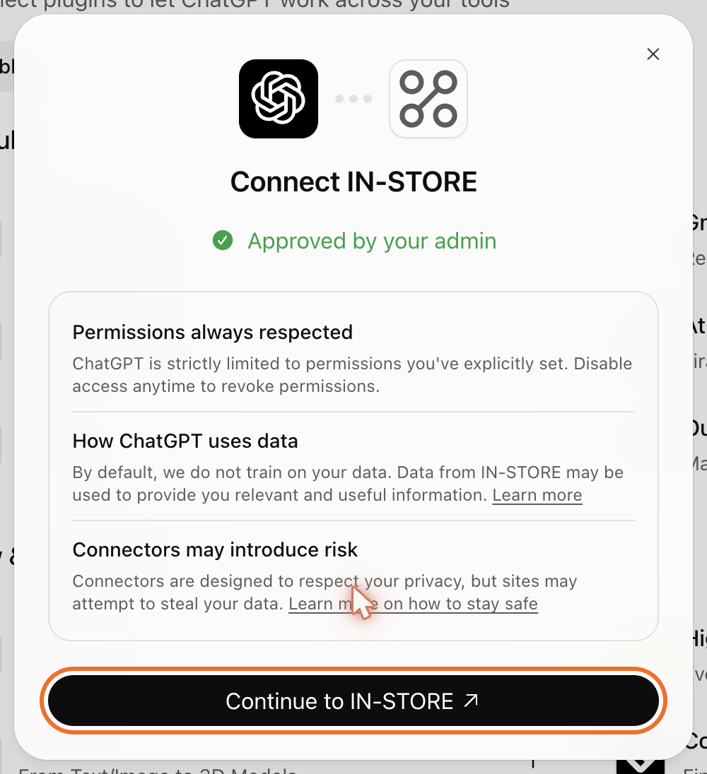 The ChatGPT "Connect IN-STORE" window with the "Continue to IN-STORE" button highlighted