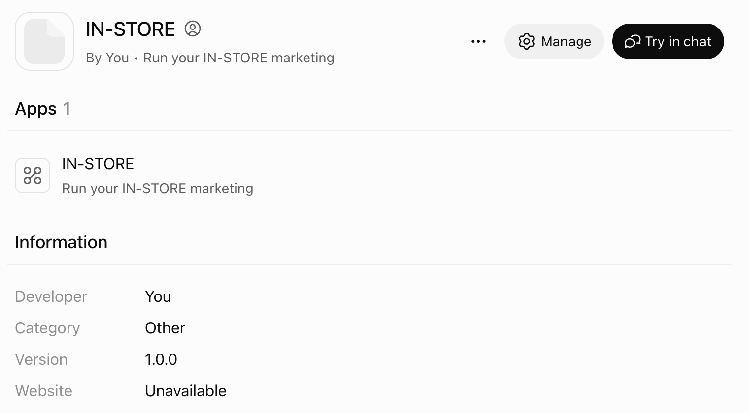 The IN-STORE plugin page in ChatGPT with the Manage and "Try in chat" buttons
