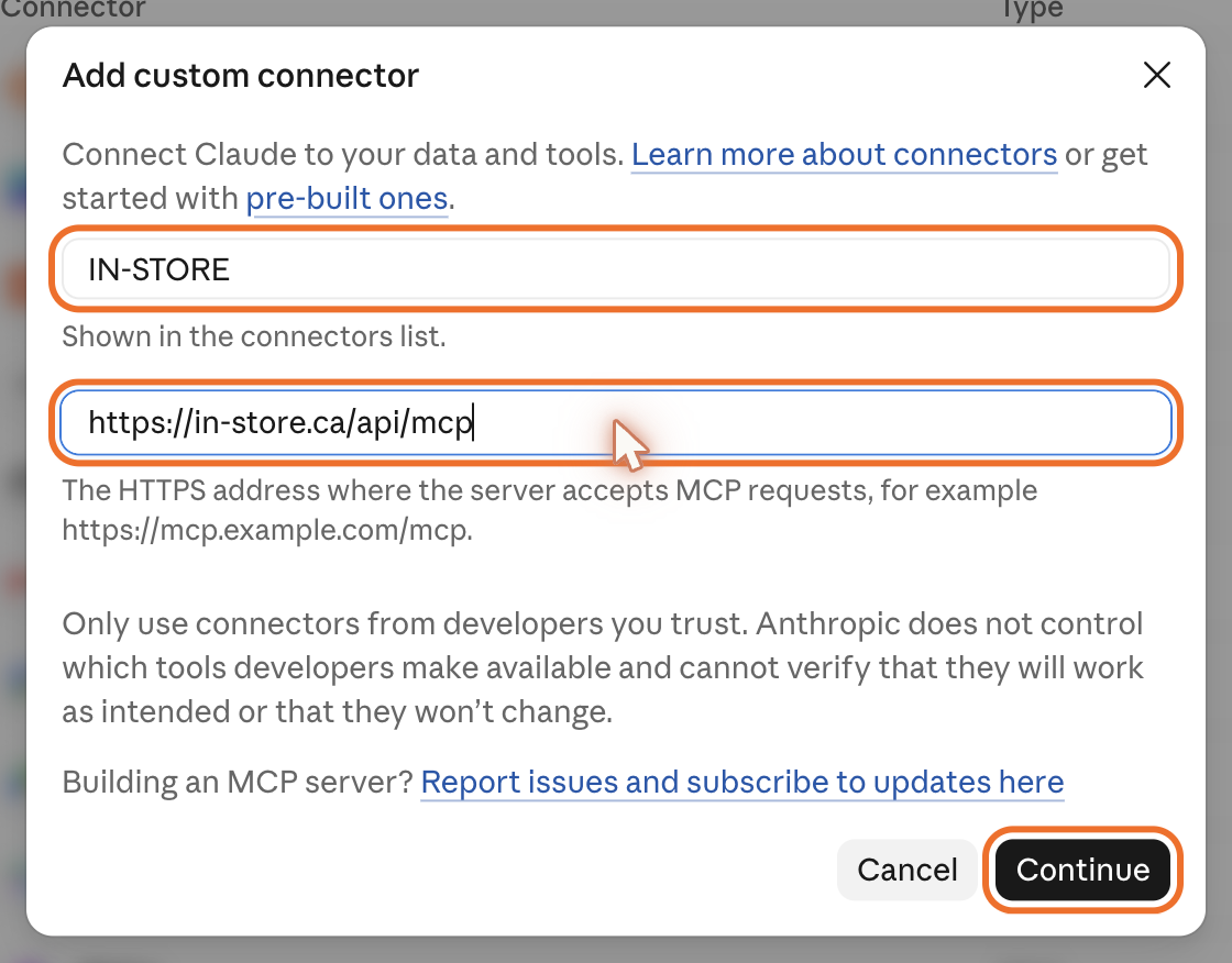 The "Add custom connector" window with the name IN-STORE and the address https://in-store.ca/api/mcp, and the Continue button highlighted