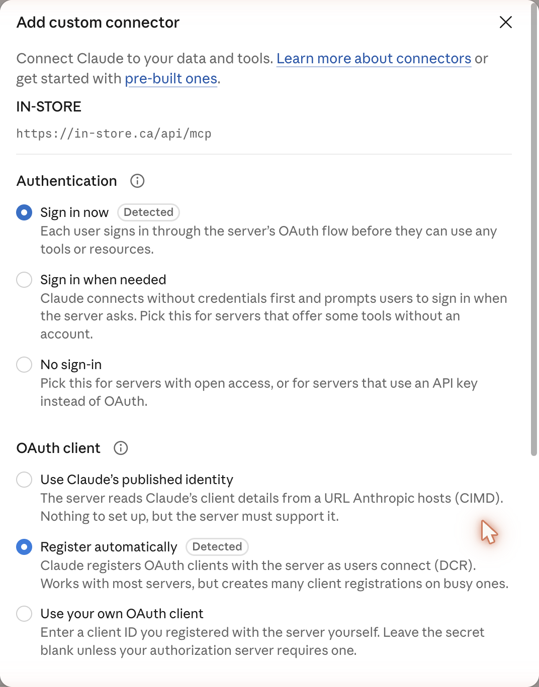 The second step of the window with the detected sign-in settings "Sign in now" and "Register automatically" selected