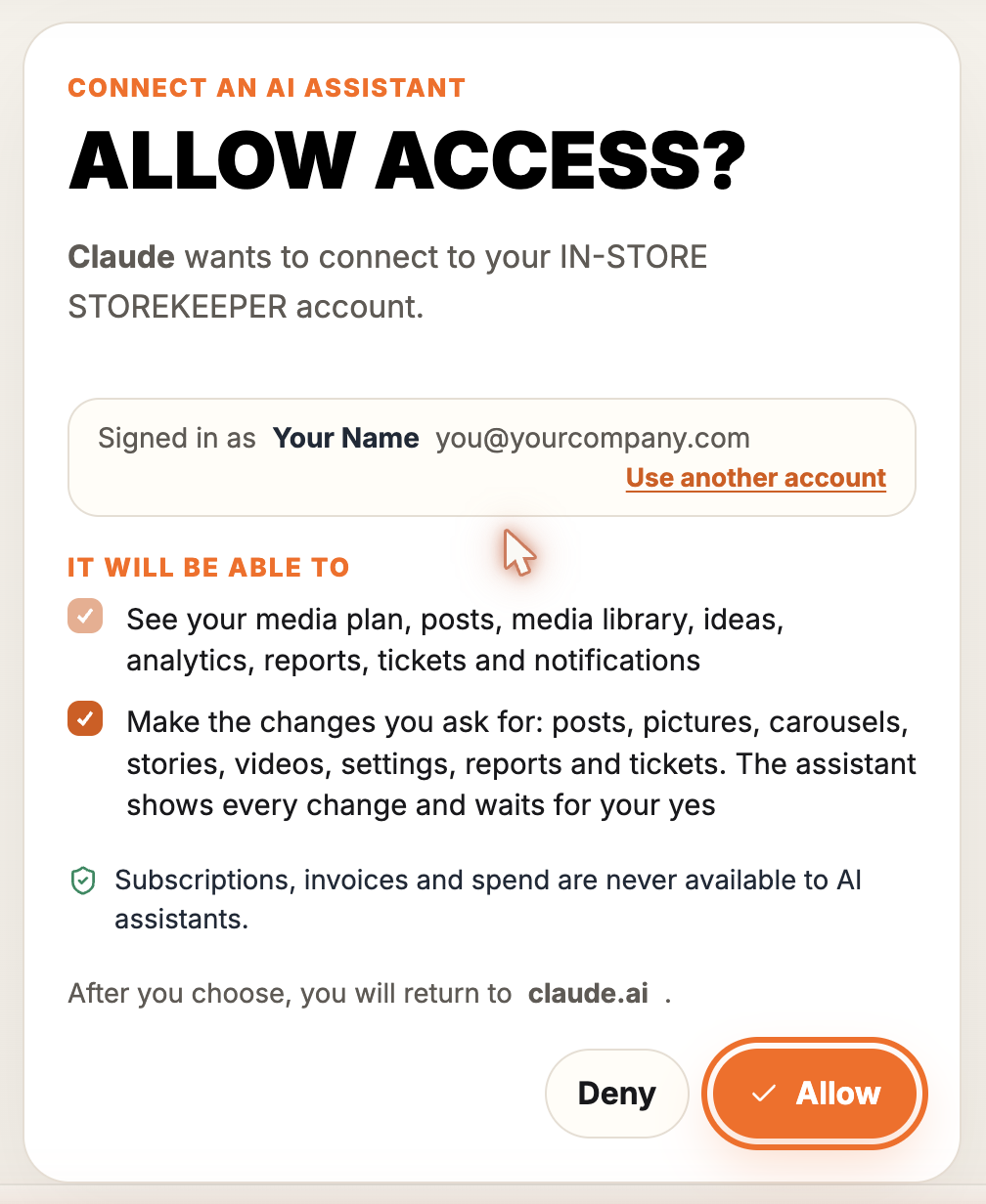 The IN-STORE "Allow access?" page with the permissions and the Allow button highlighted