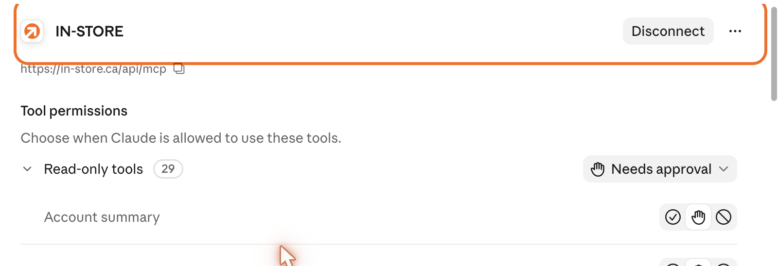 The IN-STORE connector page in Claude with the Disconnect button and the tool permissions
