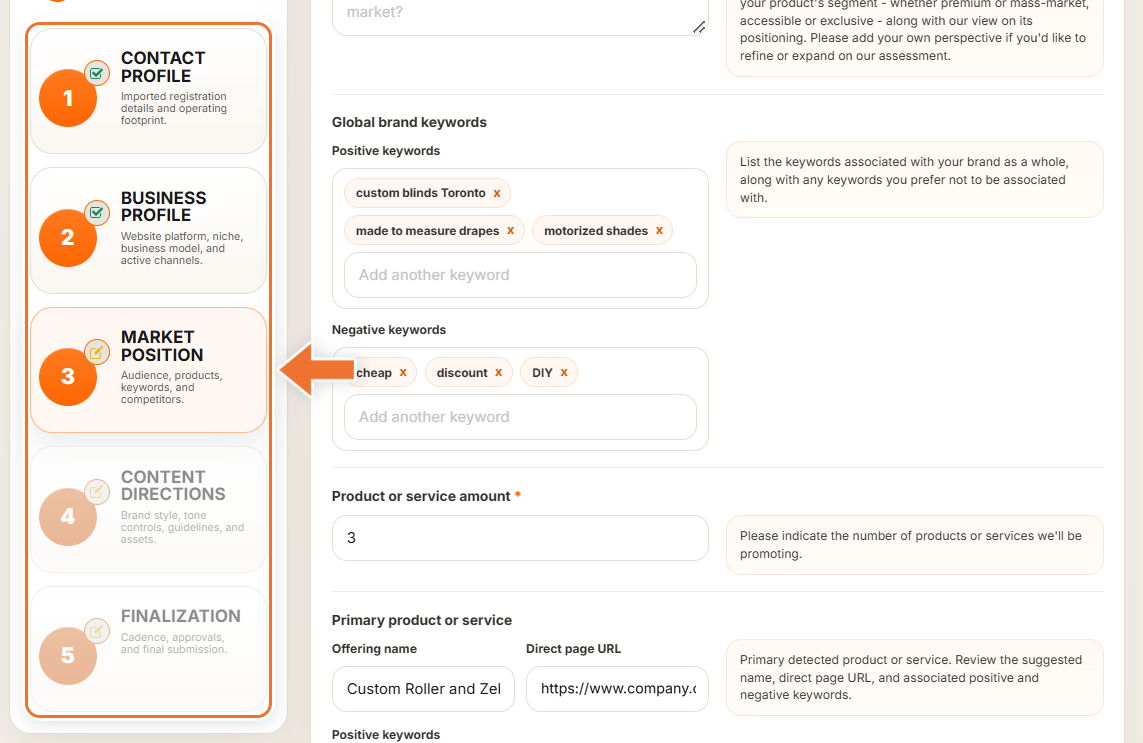 The list of steps on the left of the intake form, with ticks on the first two steps and the last two greyed out