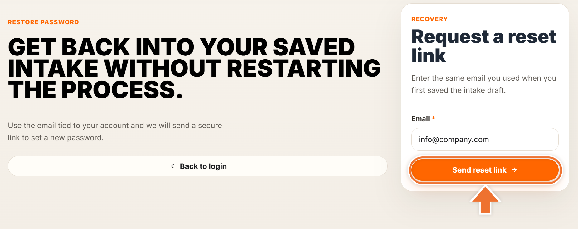 Restore password page with an arrow pointing to the Send reset link button