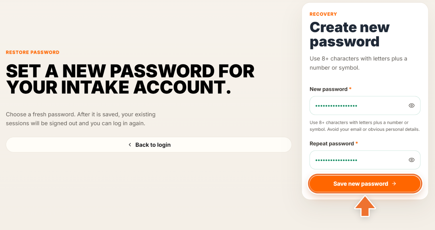 Create new password form with an arrow pointing to the Save new password button