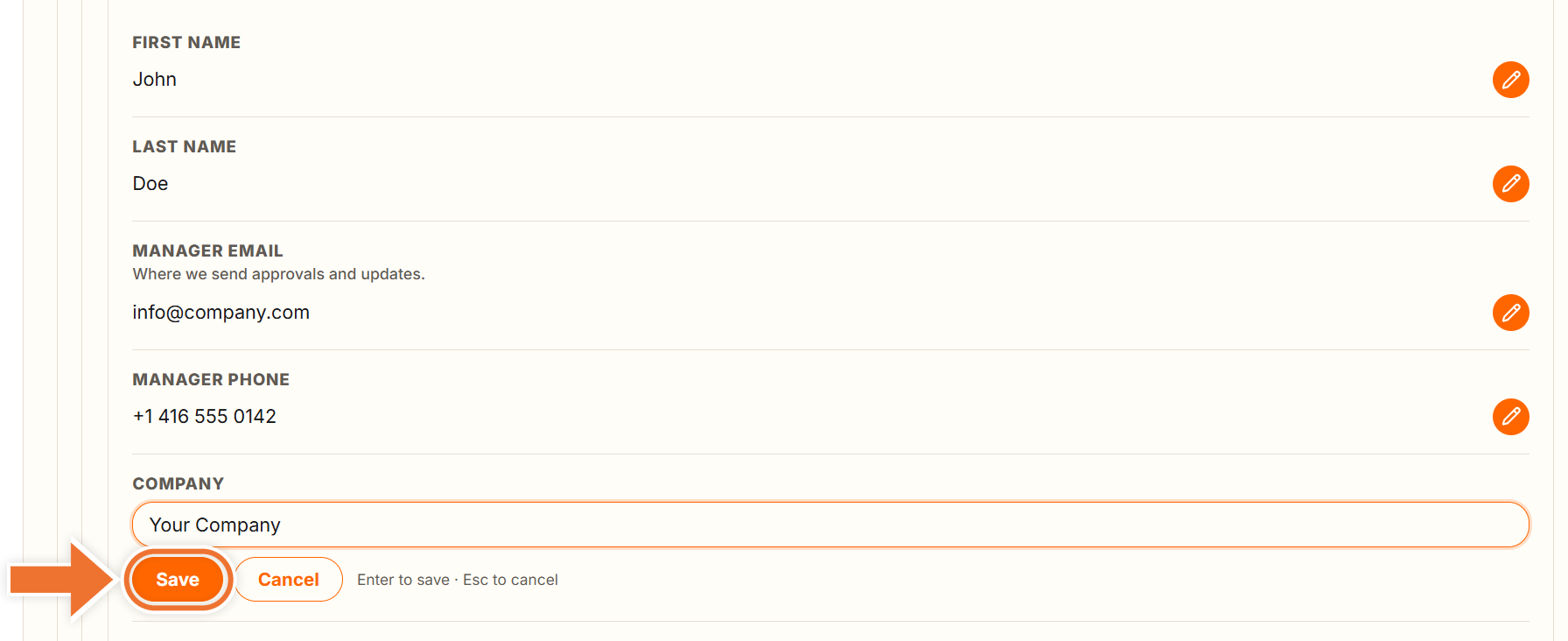 An answer being edited in Settings with an arrow pointing to the Save button