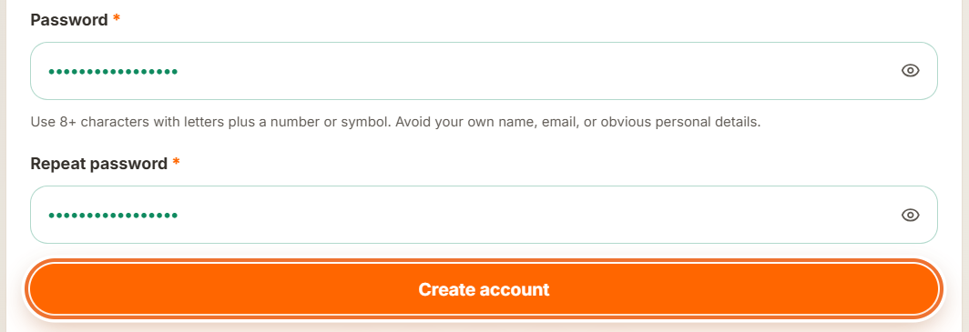 Password fields of the registration form with the Create account button highlighted