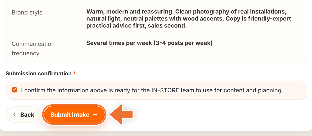 The end of step 5 with the submission confirmation ticked and an arrow pointing to the Submit intake button