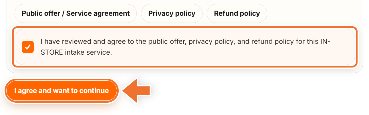 Public offer screen with the agreement checkbox highlighted and an arrow pointing to the I agree and want to continue button