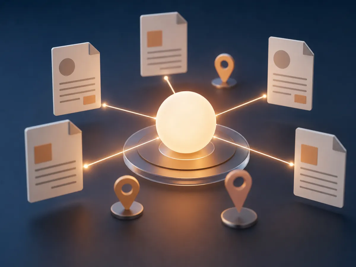 Abstract illustration of sources feeding an AI search answer, representing AI search optimization