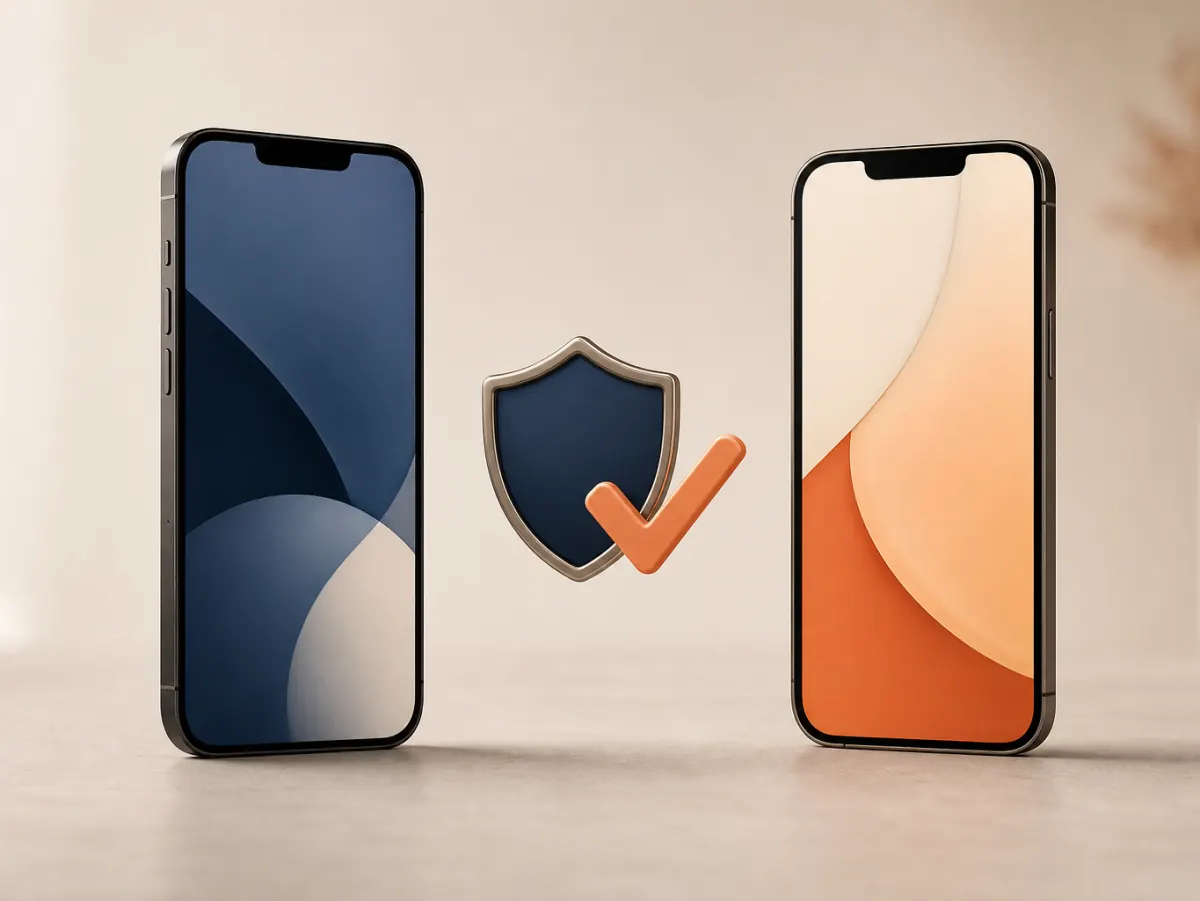 Two smartphones with a shield and checkmark representing App Store and Google Play app publication