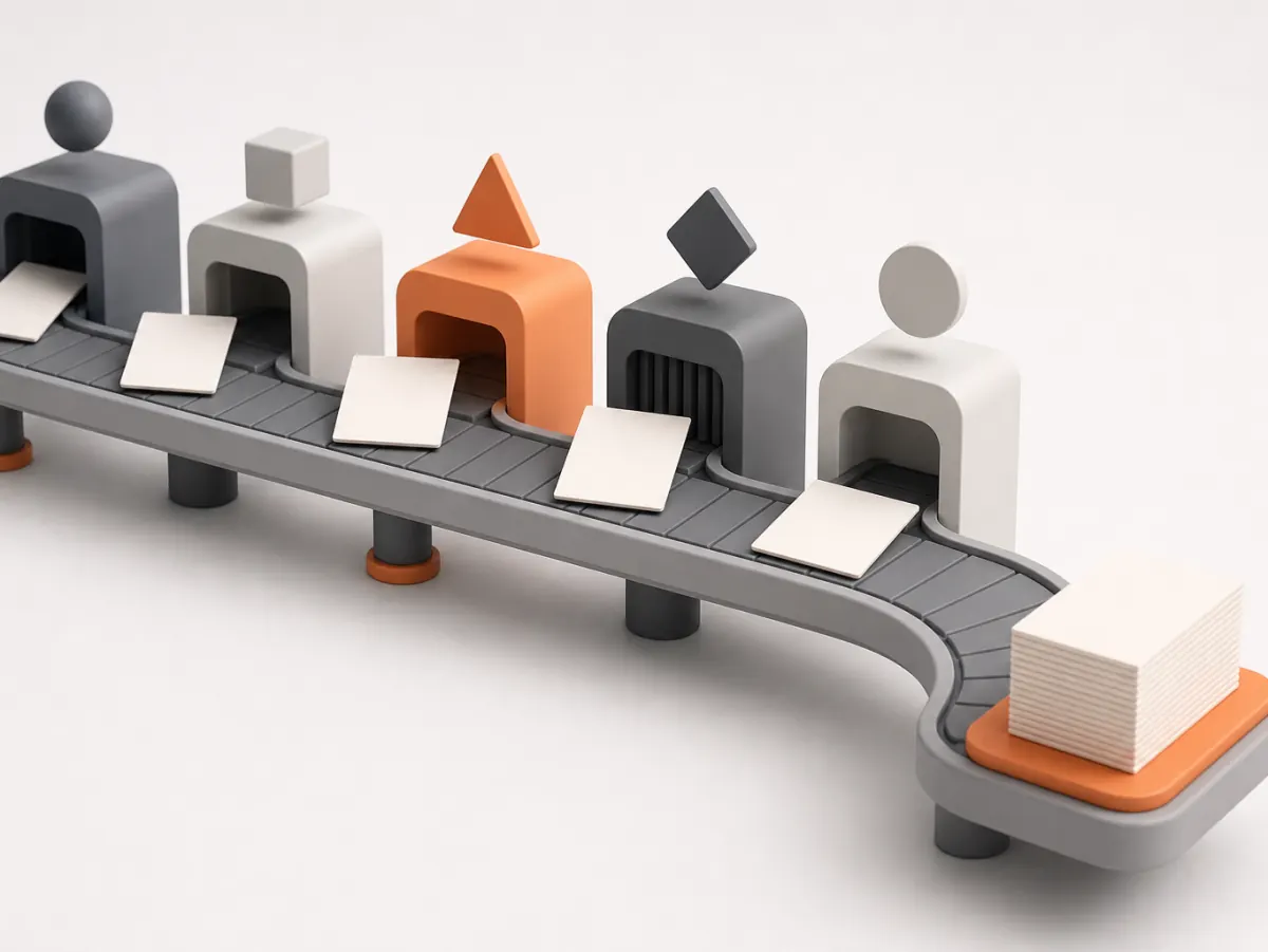 3D illustration of an automated content pipeline moving drafts from creation to approval and publishing