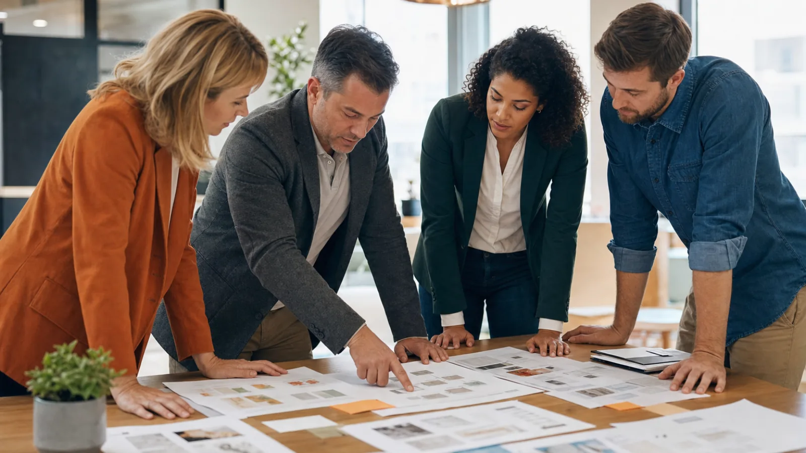 Team reviewing printed automation case studies and workflow diagrams around a meeting table