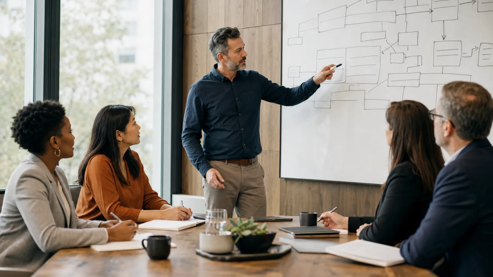 Automation consulting workshop where a consultant maps a business process with operations and IT leaders