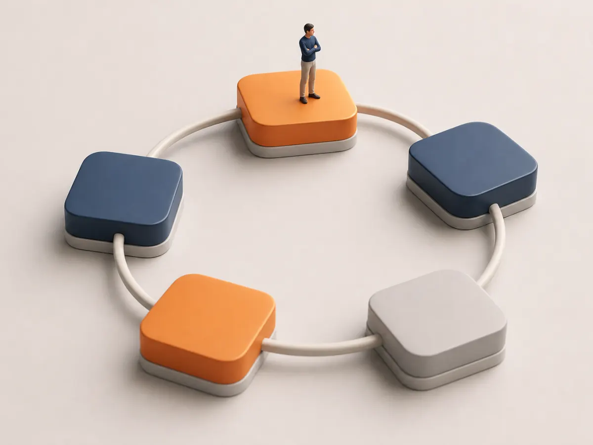 Illustration of a looping automation workflow with a human approval step, the pattern shared by our case studies