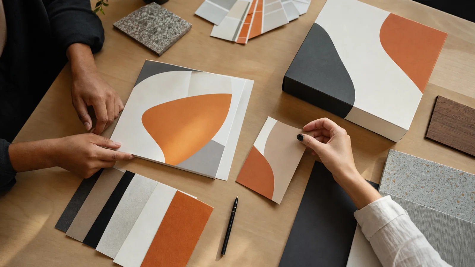 Designers arranging B2B branding collateral, color swatches and packaging samples on a studio table