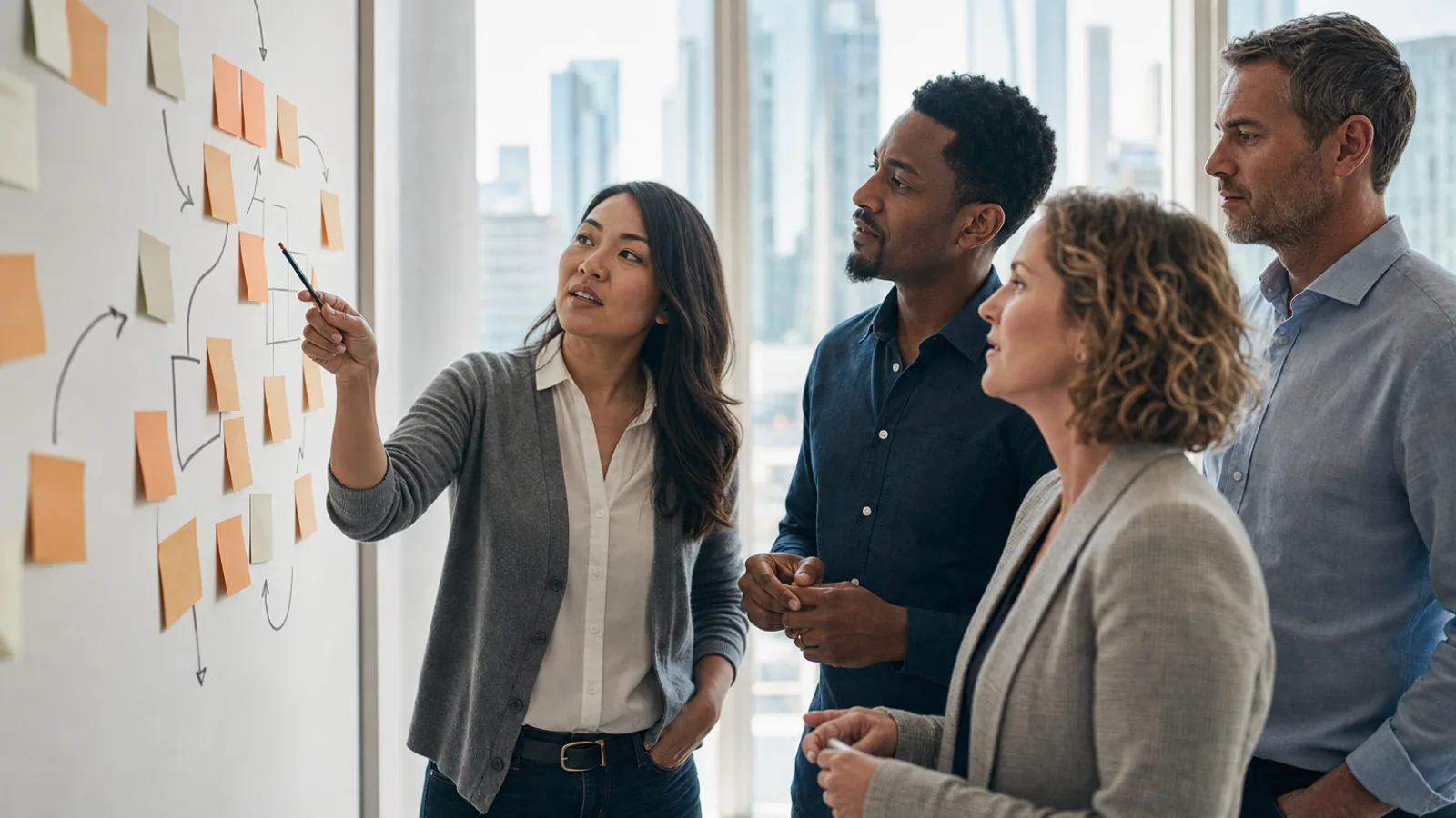 Leadership team mapping a B2B marketing strategy and buying committee on a whiteboard in a Toronto office