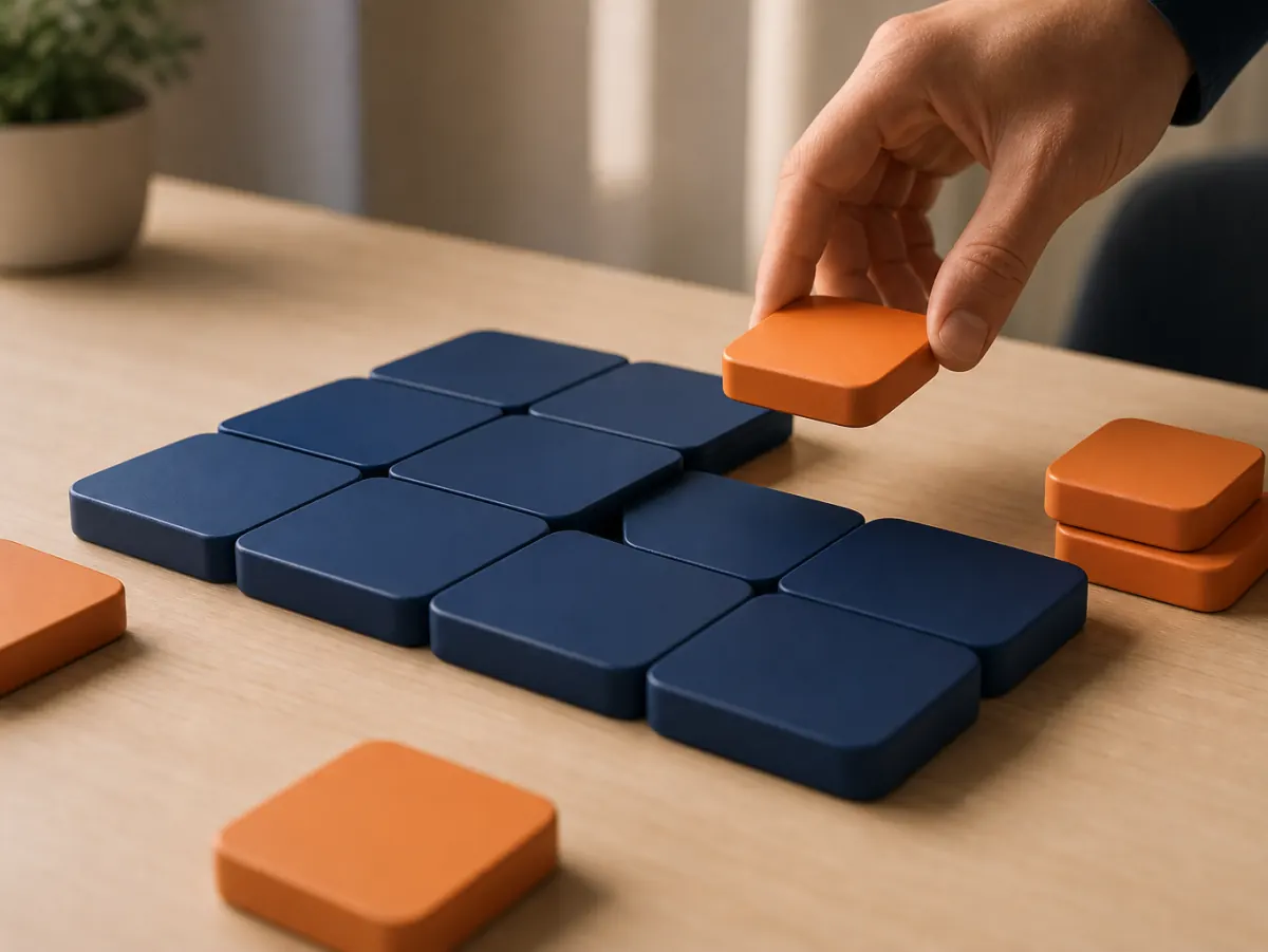Reusable brand template components snapping into a grid, representing design built for automation