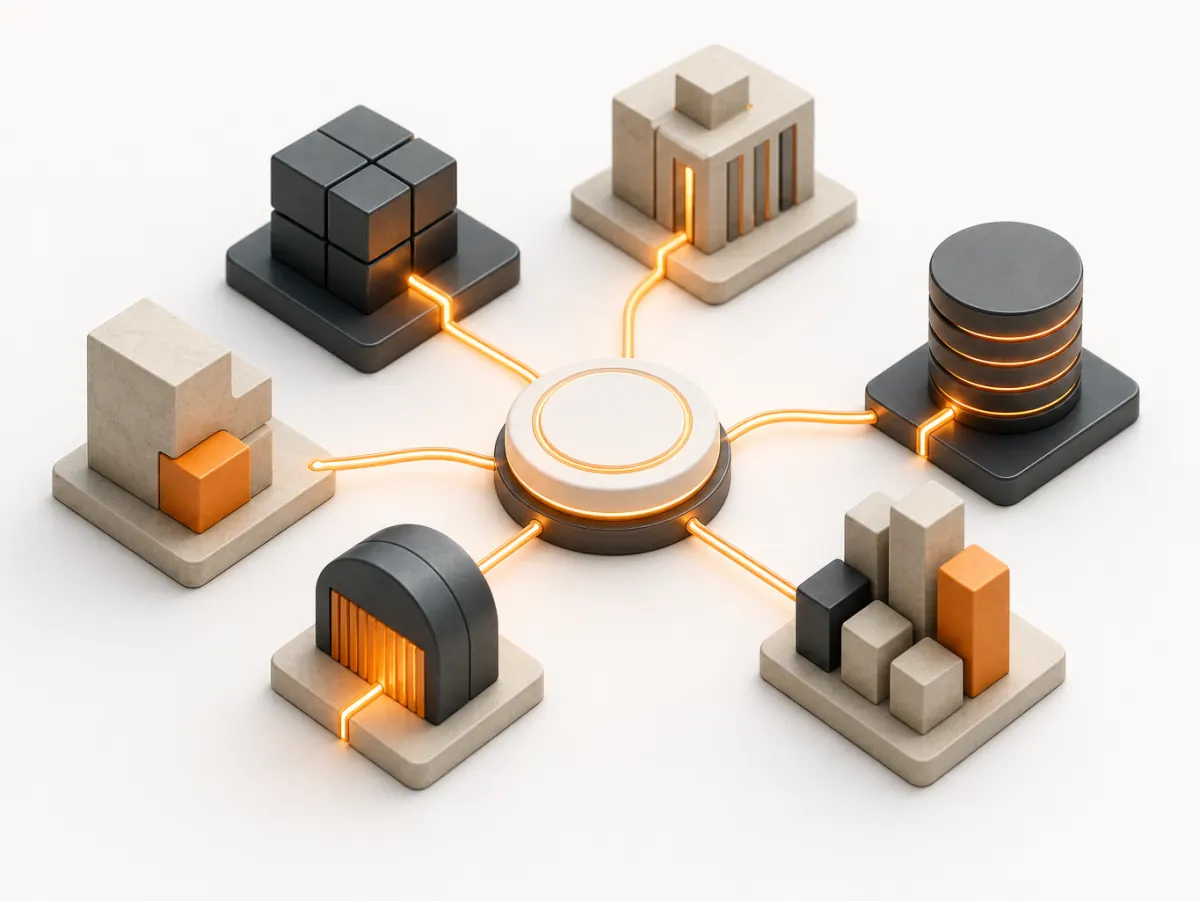 3D illustration of custom automation connecting ERP, CRM and legacy systems through a central integration layer