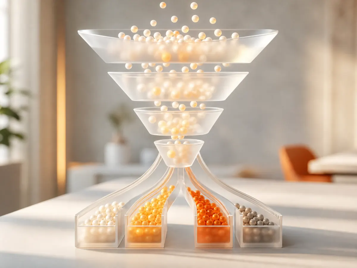 3D illustration of leads flowing through a funnel and being routed to sales reps automatically