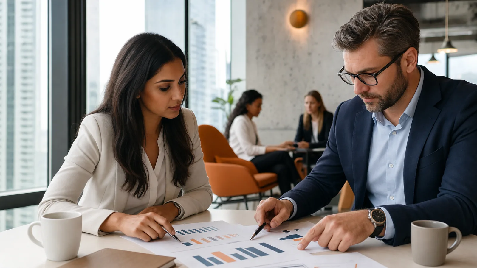 Performance marketer and sales director reviewing PPC management results and cost per lead