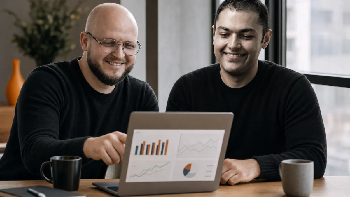 IN-STORE Head of Marketing Volodymyr Kravchuk and Head of Business Development Elnur Kasumov reviewing PPC campaign results