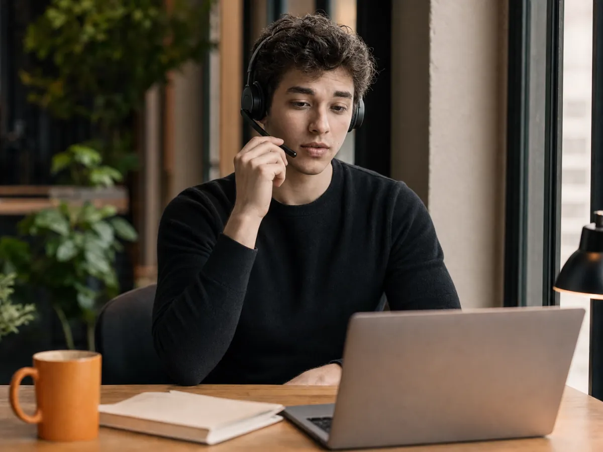 IN-STORE Client Service Director Andrew Liashok with a headset taking over a call from an AI voice agent